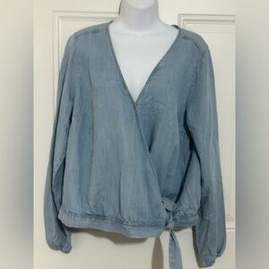 Eddie Bauer Light Blue Denim Wrap Jacket with Tie Waist